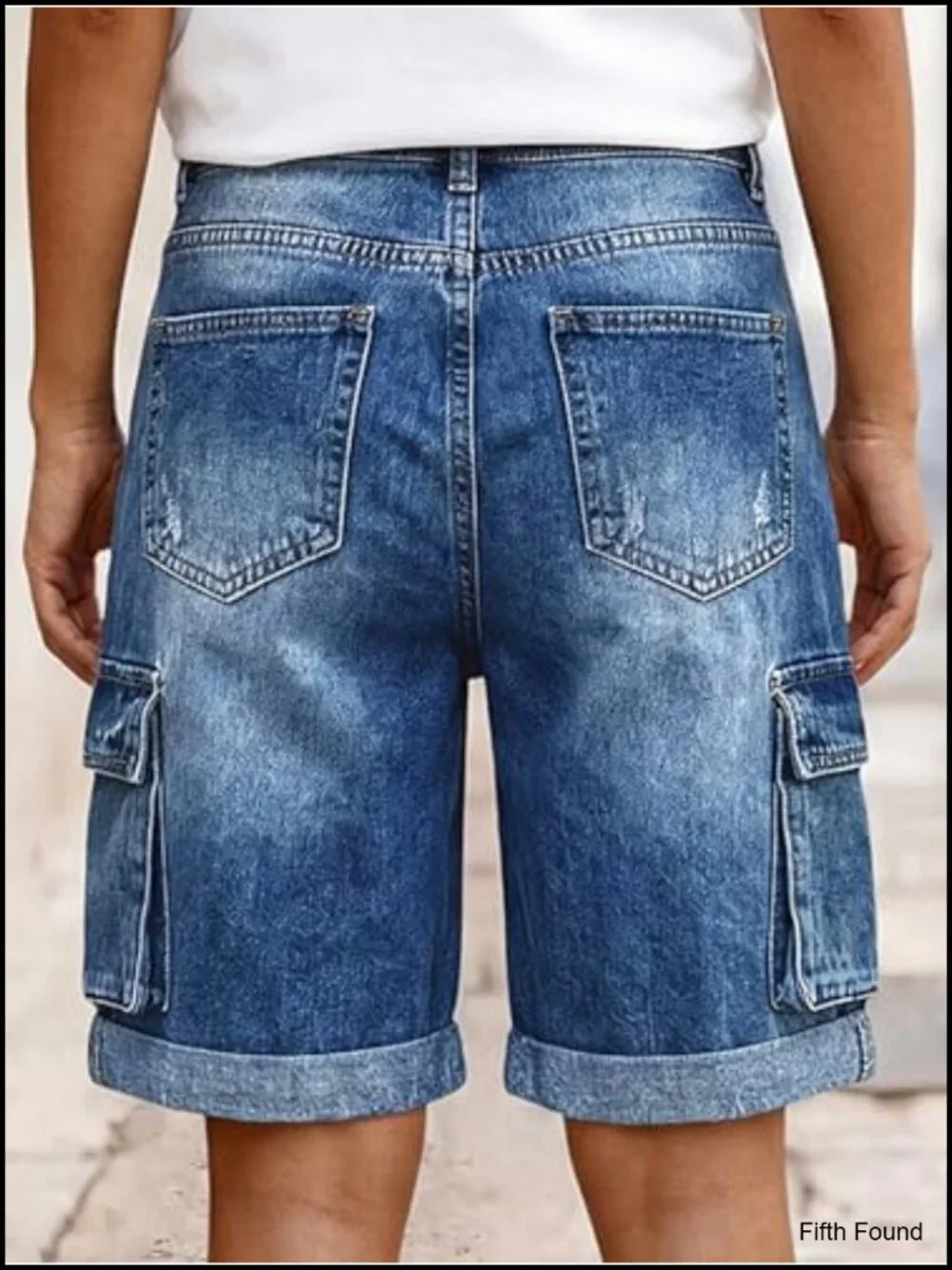 Wide Leg Bermuda Shorts High Rise Washed Flap Pocket Roll Hem